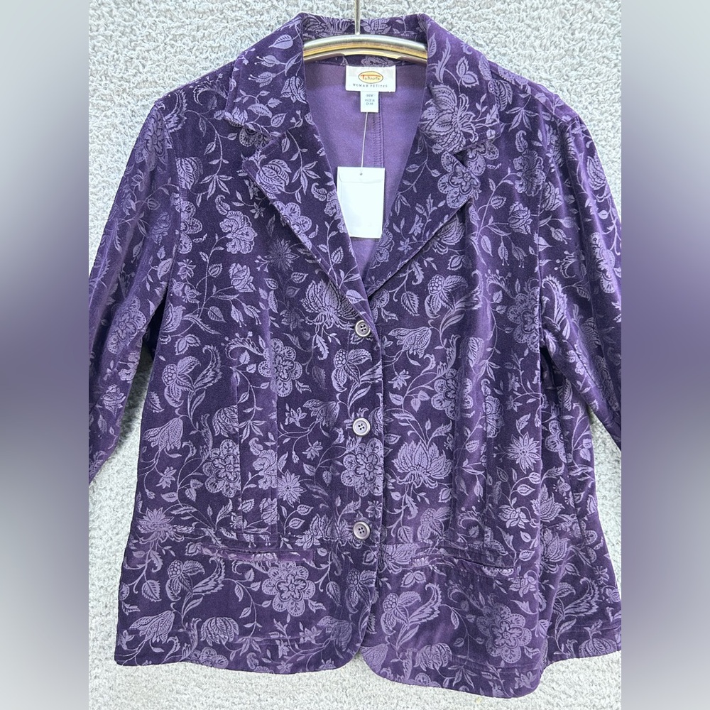NWT Talbots Blazer Size 14WP Petite‎ Purple Floral Velvet Cotton Pockets Jacket